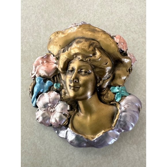 Jewelry - Vintage large enameled brass woman's face birds floral multicolor pin brooch